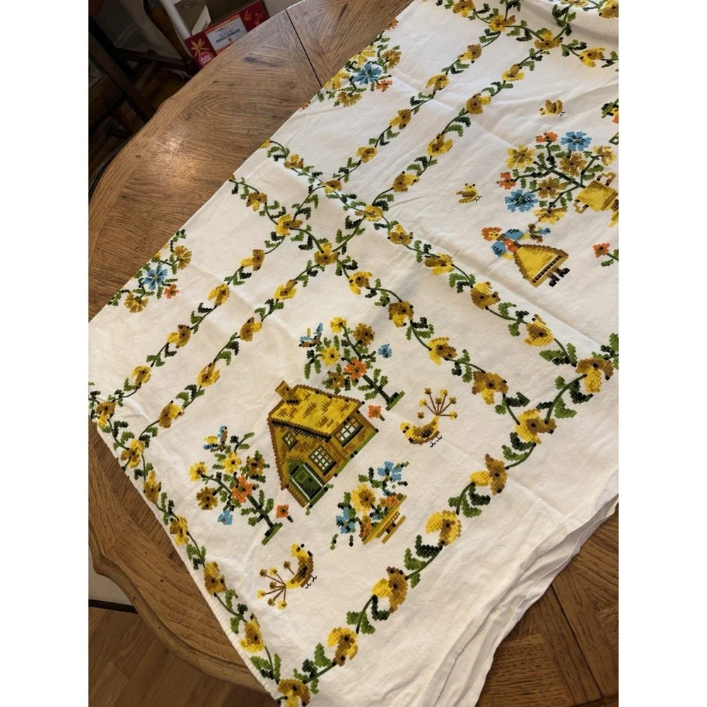 Vtg Folk Art Tablecloth Grid‎ With Farmer & Wife Cottage Flowers Bird 50